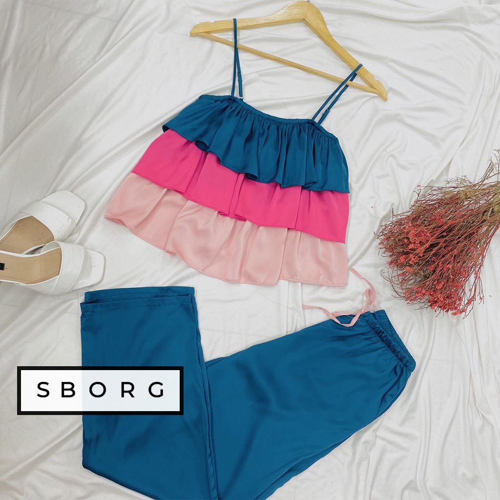 Đồ bộ mặc nhà SBORG bộ pijama nữ 2 dây lụa latin áo 3 tầng bèo cute phối quần dài có túi freesize dưới 60kg quà tặng vợ