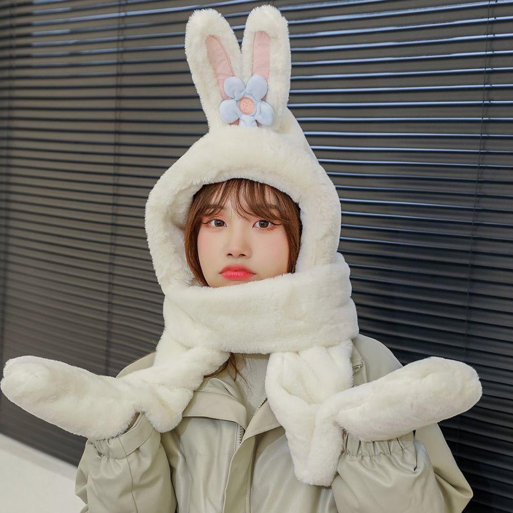 Set Găng Tay + Mũ + Găng Tay + Khăn Choàng 3 Trong 1 Bằng Vải Lông Đính Tai Thỏ Ấm Áp Thời