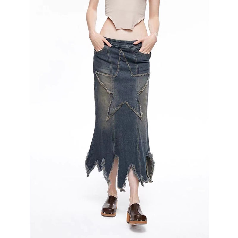 Chân Váy Jean Rách Ba Chiều Xuân Hè Phong Cách Retro Mỹ y2k Millennium y2k