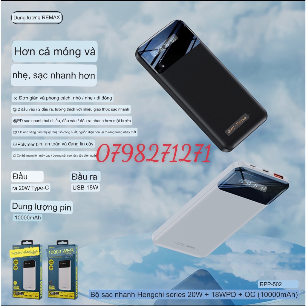 CHÍNH HÃNG  Pin Sạc Dự Phòng tích đíện REMAX RPP - 502 dung lượng 10000mAh PD 20W 18W có màn hình hiện thị % pin