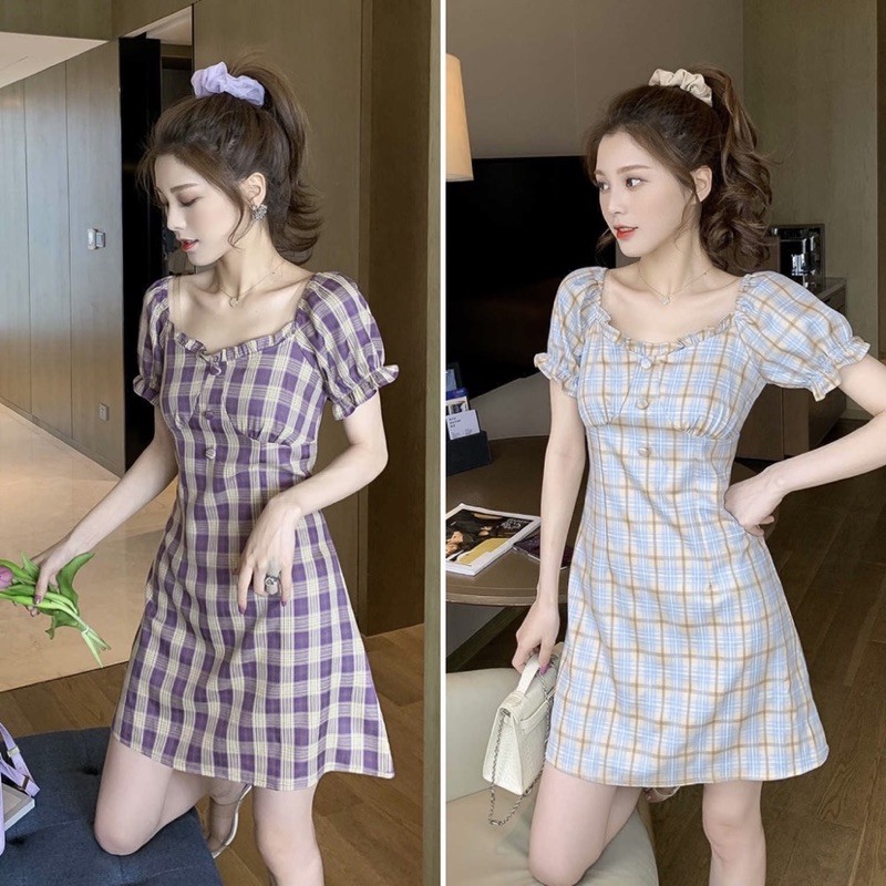 [Hàng ord] - Váy caro xanh/ tím (Ảnh thật + bảng size ở cuối)