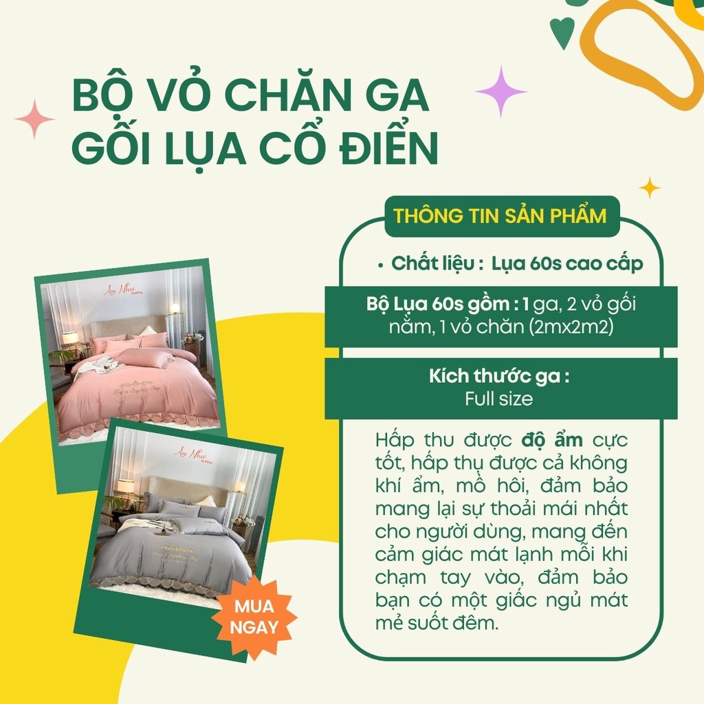 Bộ vỏ chăn ga gối lụa cổ điển 4 món nhập khẩu cao cấp An Như Bedding