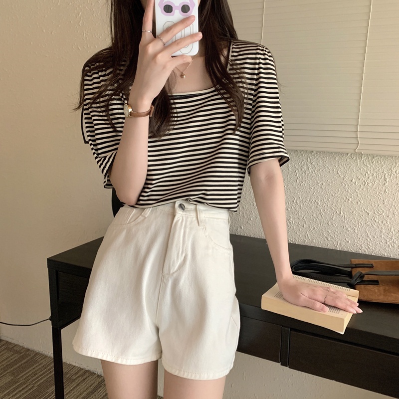 Áo Thun Tay Ngắn Cổ Vuông Dáng Rộng Họa Tiết Kẻ Sọc 51265 Thời Trang Cho Nữ