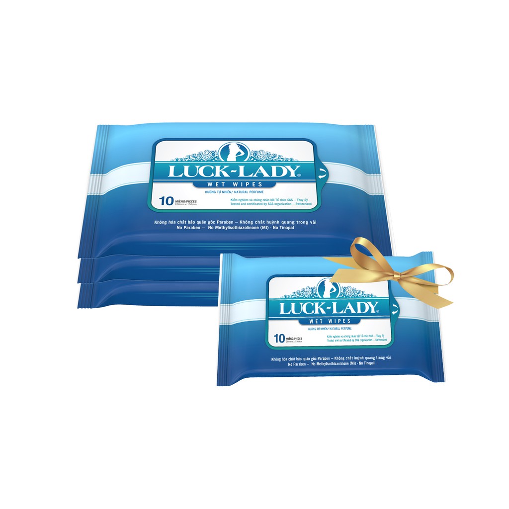 Mua 3 gói khăn ướt Luck lady hương tự nhiên 10 tờ/ gói tặng kèm 1 gói cùng loại