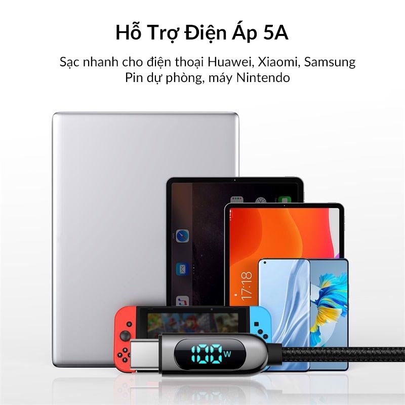 Dây Sạc Nhanh Dual Type-C Baseus Display Fast Charging Data Cable PD 100W, 20V/5A Dùng Cho Macbook, iPad Pro, Xiaomi