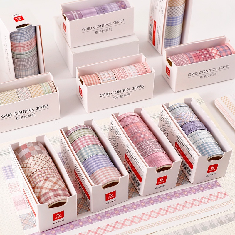 Hộp washi tape họa tiết kẻ caro cute 6 cuộn vintage xinh yêu dán sổ tay