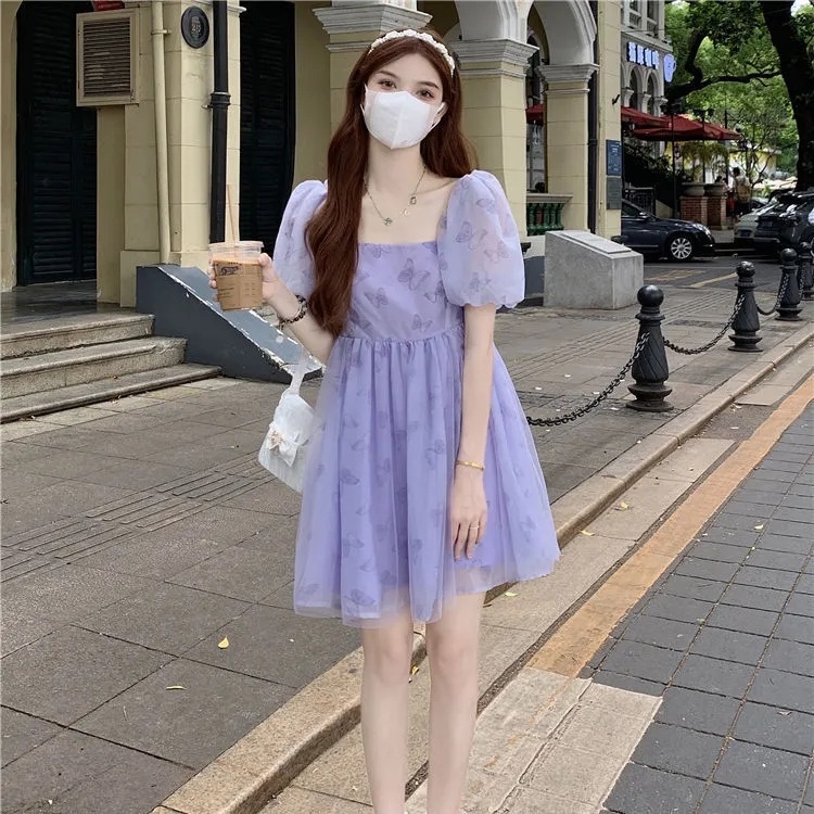 Đầm chiffon ZHELIHANGFEI tay phồng cổ vuông họa tiết bướm xinh xắn