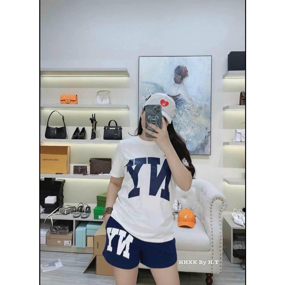 Đồ bộ nữ chữ  N. Y 2 màu đen than áo thun cộc tay phối quần short chất cotton 4 chiều