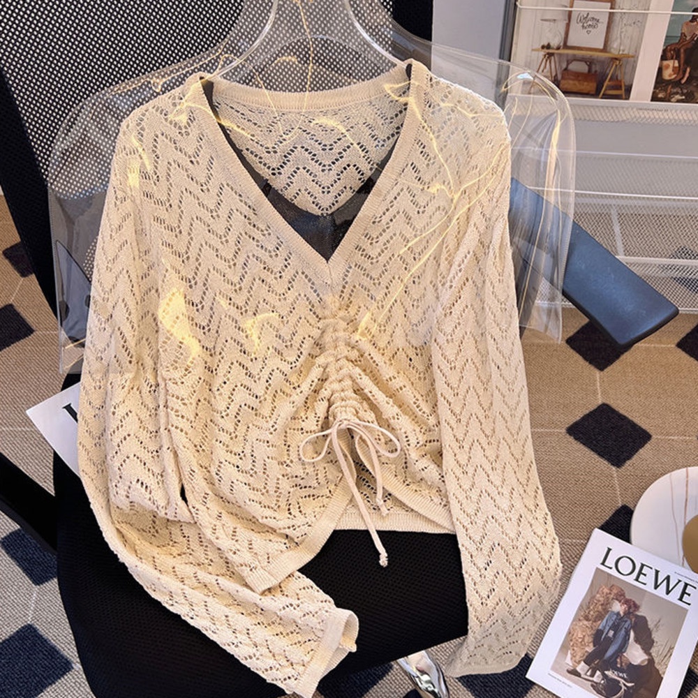 Áo Thun Cổ Chữ v Phối Dây Rút Phong Cách Hàn Quốc Thời Trang Mùa Thu Hàng Mới Dành Cho Bạn Nữ