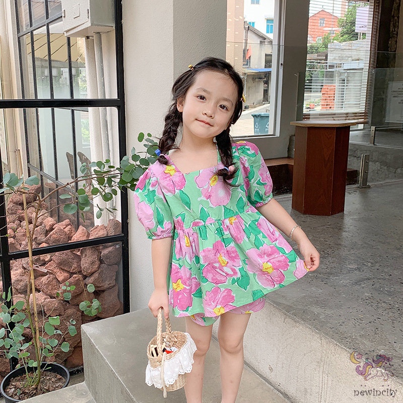 Bộ Áo Tay Phồng In Hoa + Quần Short Đáng Yêu Thời Trang Hàn Quốc Cho Bé Gái