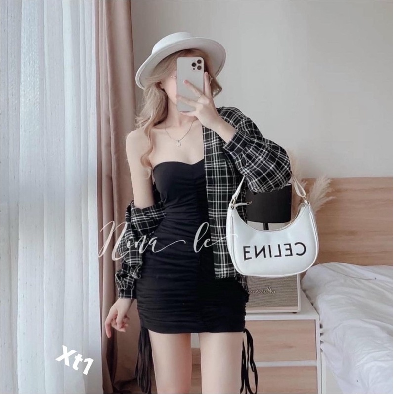 set áo sơ mi kẻ đen trắng và đầm xích rút dây/ set áo và đầm thời trang