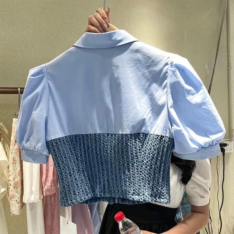 Áo sơ mi COZOKC denim ngắn tay dáng ôm kiểu cổ điển cá tính