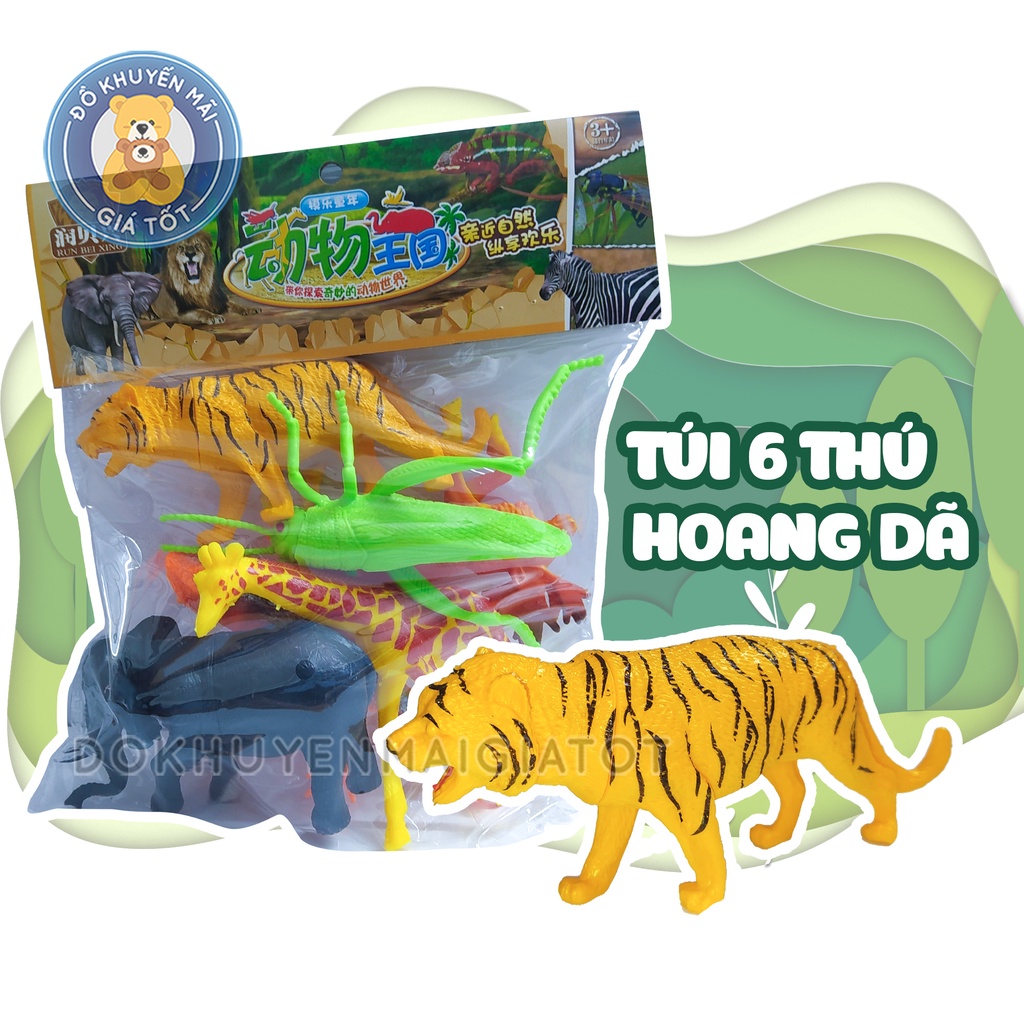 Mô hình động vật túi thú rừng 6 con cho bé (voi, hươu cao cổ, cọp, kỳ nhông, nai sừng tấm, châu chấu )