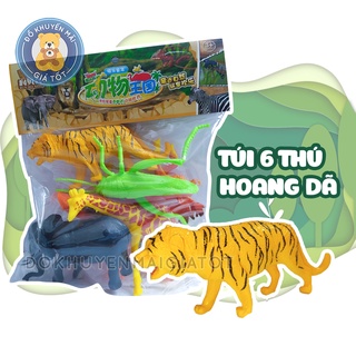 Mô hình động vật túi thú rừng 6 con cho bé (voi, hươu cao cổ, cọp,  kỳ nhông, nai sừng tấm, châu chấu )