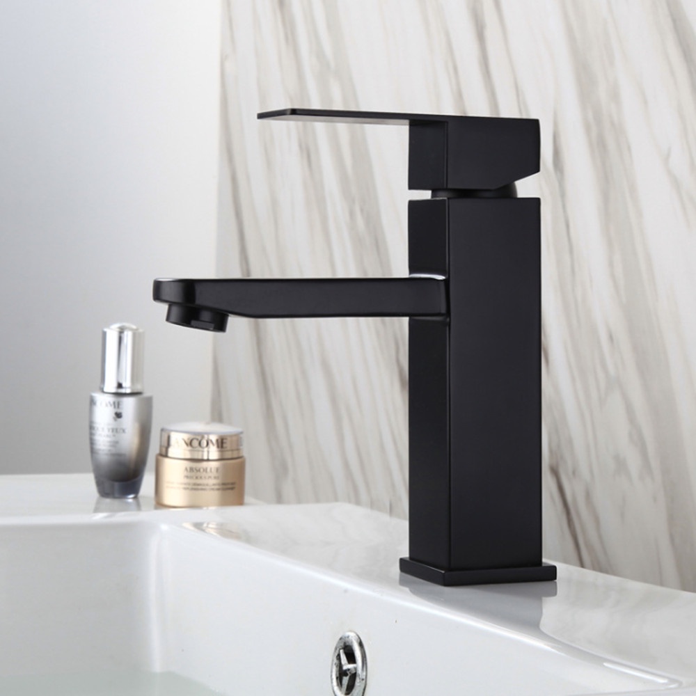 (Hàng mới về) Vòi Lavabo, vòi bồn rửa mặt nóng lạnh thân vuông inox 304 màu đen sang trọng cao 20cm - QM.VR023
