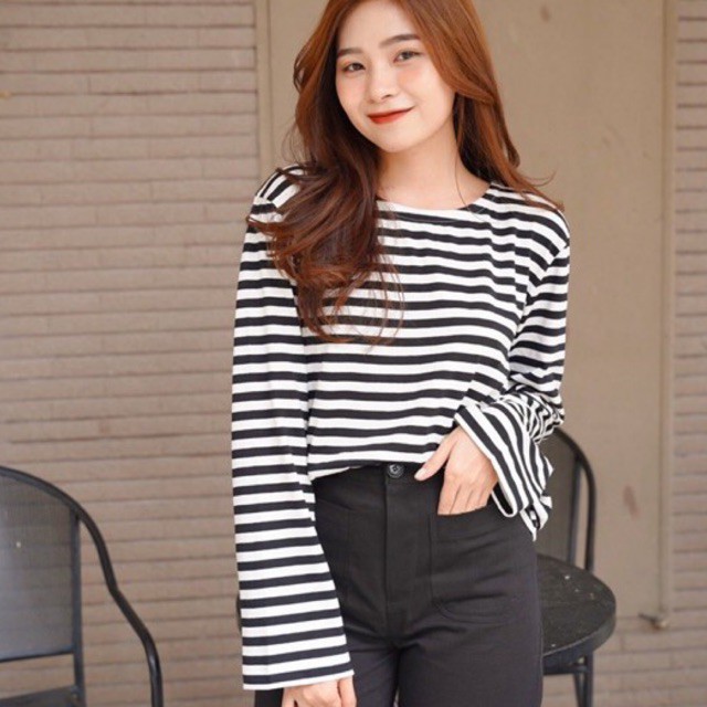 Áo thun tay dài sọc ngang nhiều màu form rộng Stripe tee