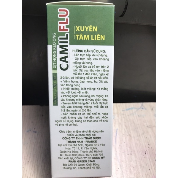 Xịt họng keo ong Camilflu xuyên tâm liên -tía tô 30 ml
