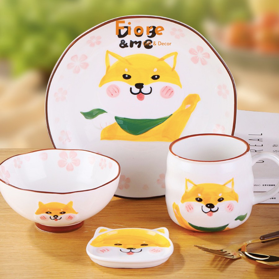 Bát đĩa sứ - họa tiết Shiba và mèo - bát ăn cho bé ngộ nghĩnh hình thú - bản lẻ từng món