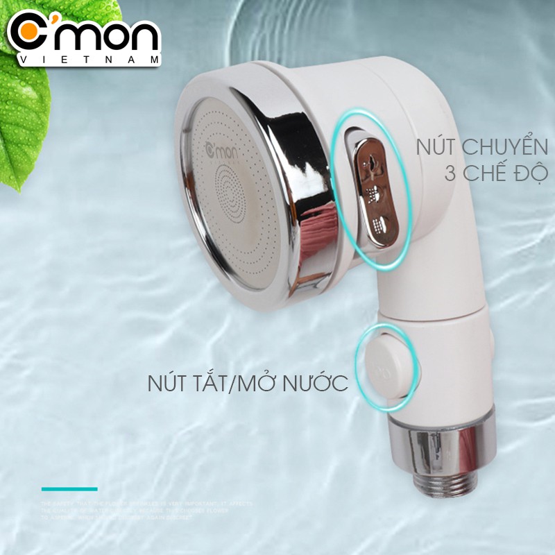 Trọn bộ tay sen tăng áp có khóa nước 3 chế độ nước C'mon TS-07 + phụ kiện nối vòi lavabo C'mon AO-01