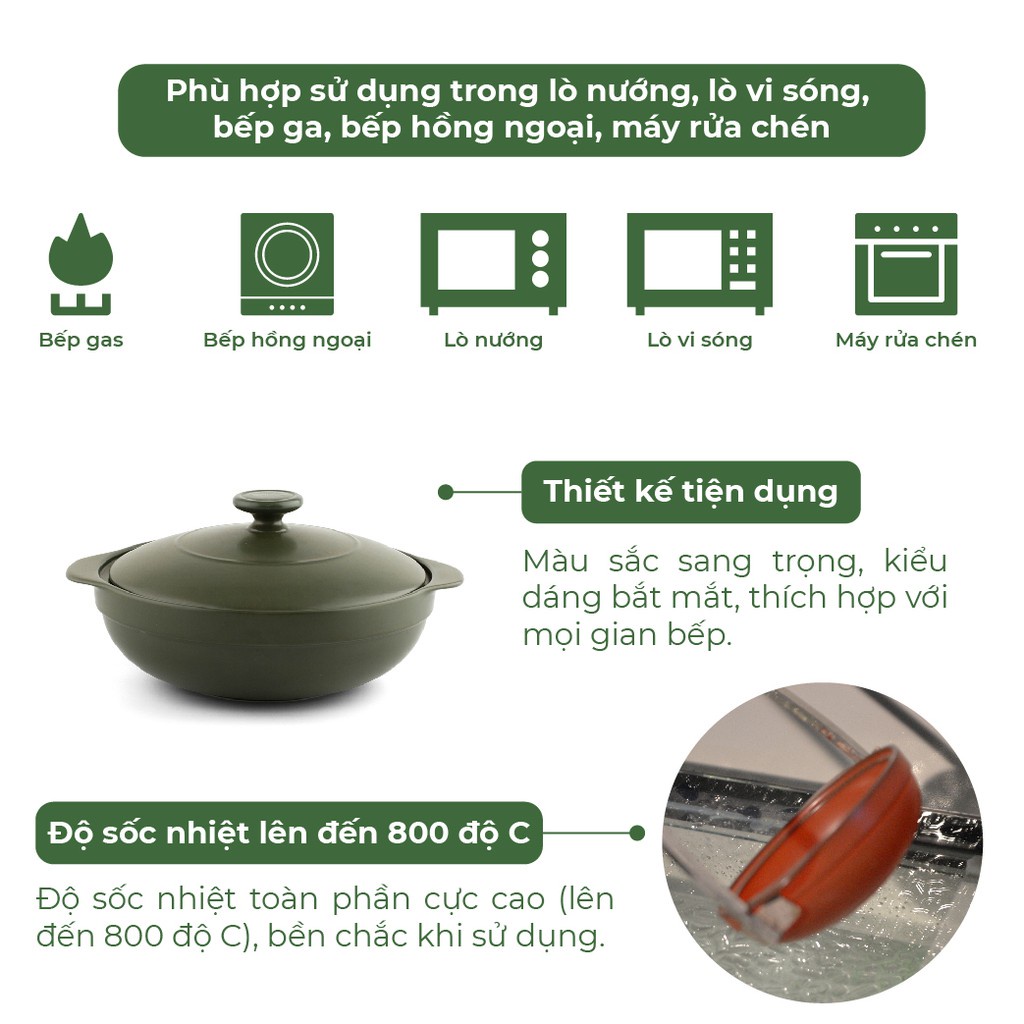 Nồi dưỡng sinh Minh Long  Luna 0.55L + nắp Healthycook Xanh rêu - Gốm sứ cao cấp Minh Long I