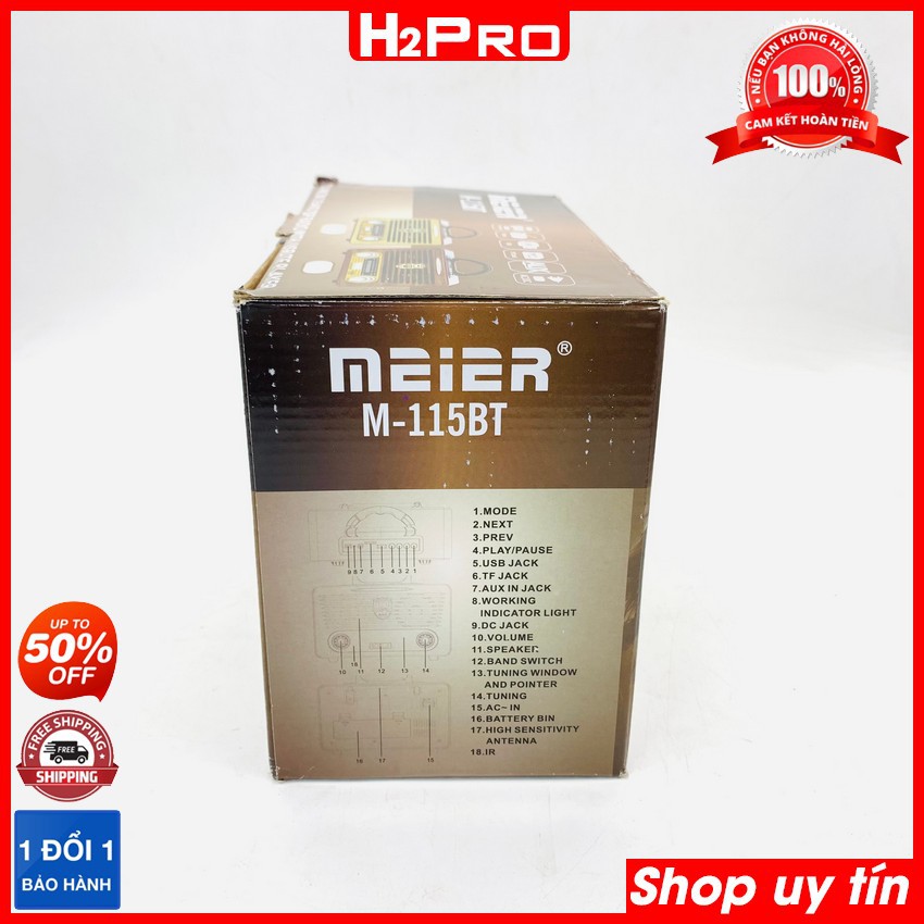 Đài radio MEIER M-115BT H2Pro 3 bands AM-FM-SW, 10W-pin sạc, máy nghe nhạc hay có bluetooth-USB-Thẻ nhớ-AUX