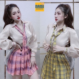SET ÁO CÀ VẠT KÈM CHÂN VÁY KẺ CARO DỄ THƯƠNG XINH NGẤT NGÂY - QANU133