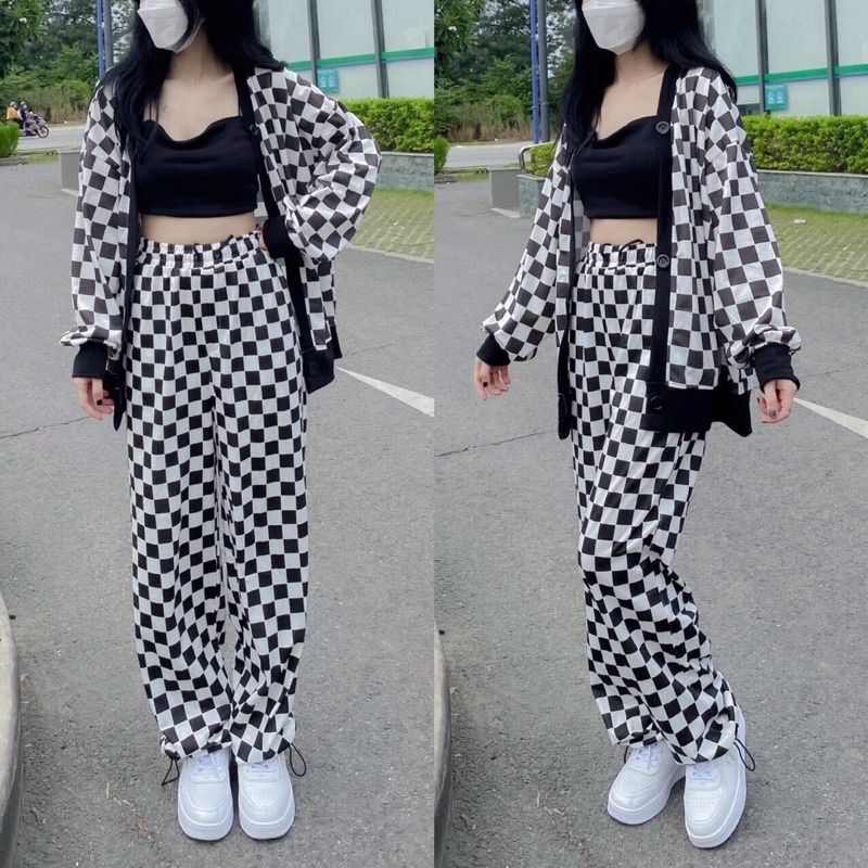 Set 3 món áo croptop 2 dây kèm cardigan + long pant caro - Set 3 món caro quần ống suông dây rút