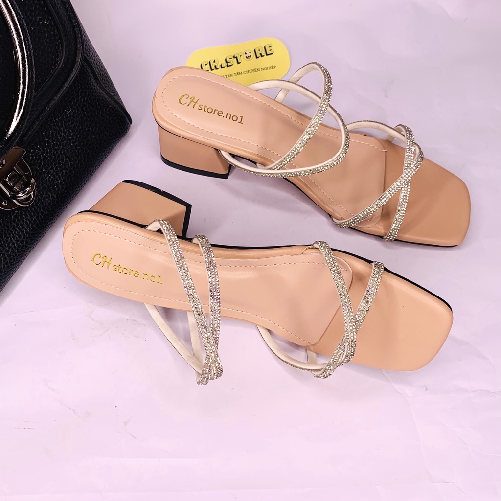 Sandal cao gót, dép nữ quai dây đính hạt xoàn đế vuông - Mã H07