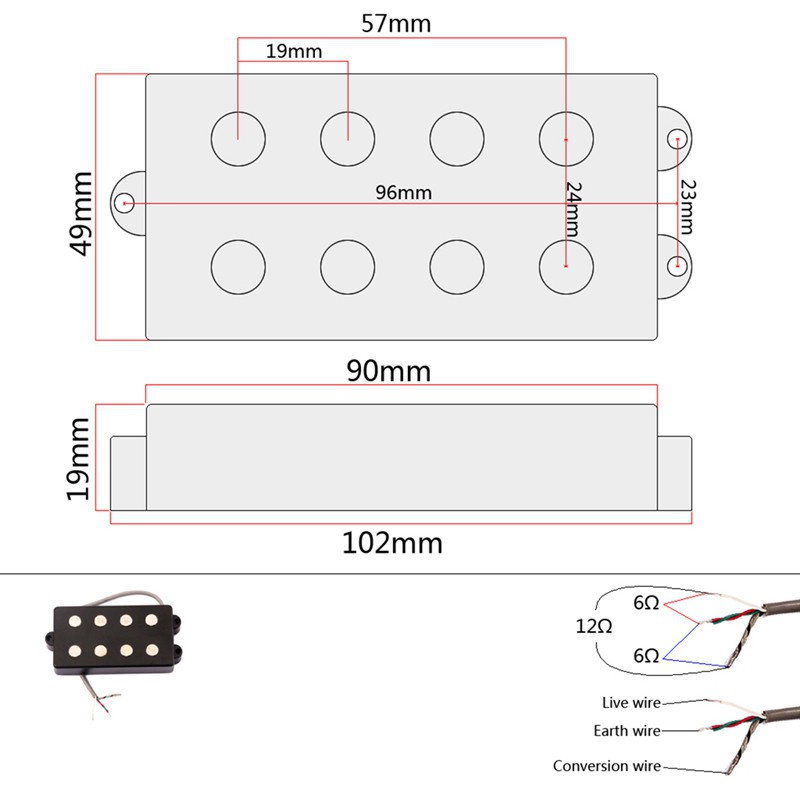 Open Bass 4 String Double Coil Humbucker Pickup 57MM for Bass Guitar