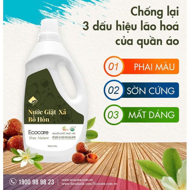 Nước giặt xả Hữu cơ Bồ hòn tinh dầu hoa bưởi Ecocare, Nước giặt hữu cơ tự nhiên kiêm nước xả vải cho bé