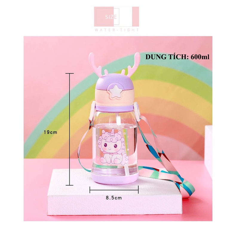 Bình uống nước có ống hút mềm dẻo cho bé dung tích lớn 600ml với thiết kế dễ thương phù hợp cho mọi bé trái bé gái - NK