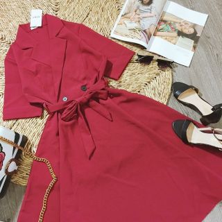 Đầm xòe cổ vest thắt nơ eo siu xinh
