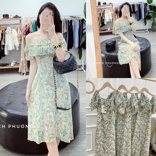 Đầm váy nữ hoa vintage trể vai xoè, Đầm hoa lụa xanh qc cao cấp