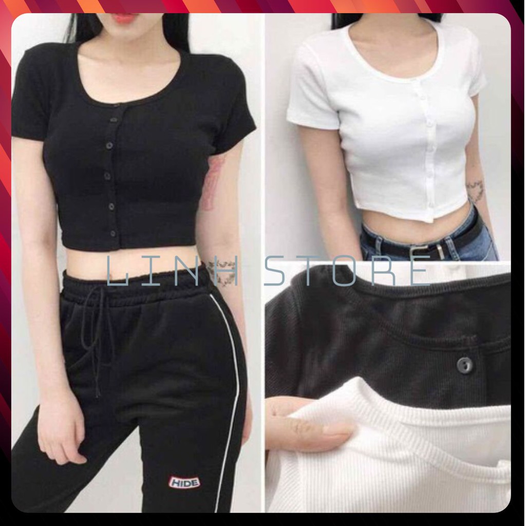 [Hot Trend] Áo Thun nữ 🌺SALE🌺Áo Croptop unisex Cộc Tay Cổ Tròn Có Cúc Nhiều Màu Siêu Đẹp chất liệu vải nhập khẩu cao cấp