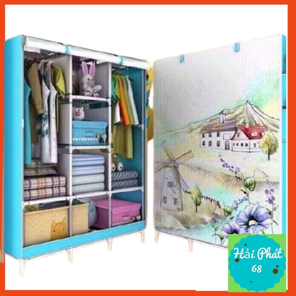 Tủ Để Quần Áo 3 Buồng 8 Ngăn Chất liệu Vải 3D Cao Cấp
