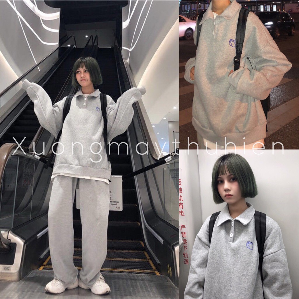 Bộ nỉ nữ áo dài tay cổ polo con voi mix quần dài ống rộng/ Set bộ nỉ mặc thu đông phom thụng ulzzang_xuongmaythuhien