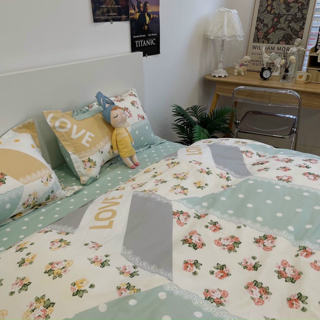 Bộ chăn ga gối Cotton Poly Gấu decor bedding Cánh hoa xanh, vỏ chăn mền, drap giường và 2 vỏ gối