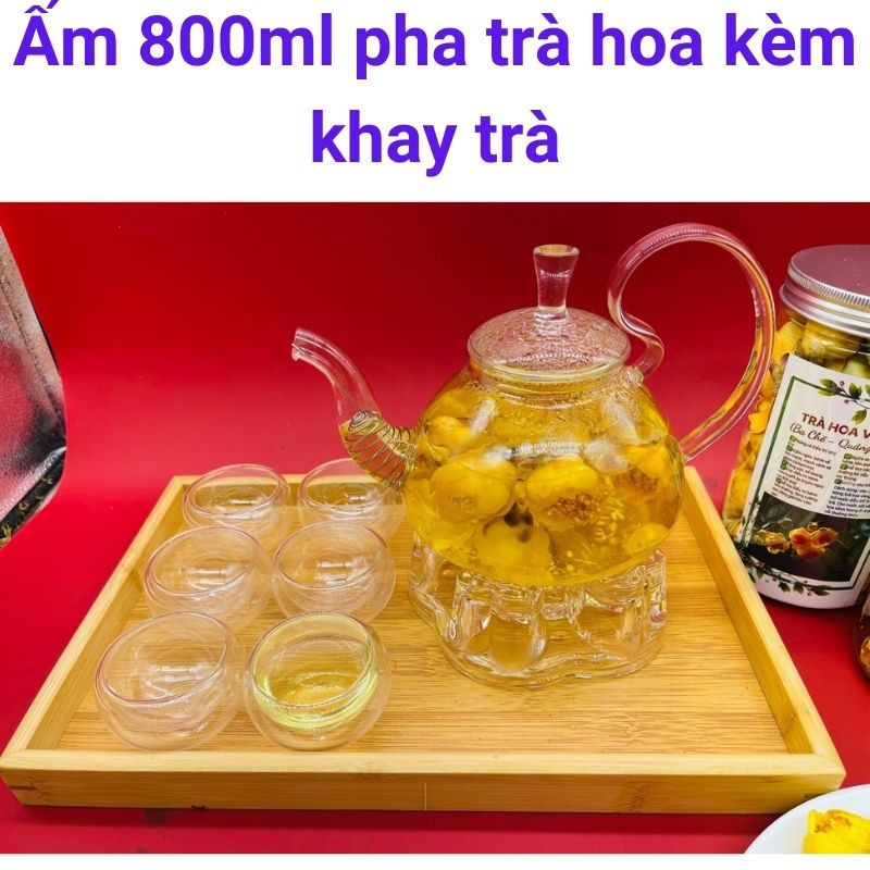 Ấm pha trà thủy tinh kèm khay bình trà chén uống trà hoa cúc chịu nhiệt trong suốt có đế nến