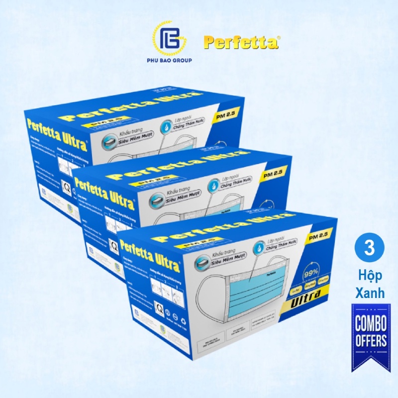 Combo 3 hộp khẩu trang Perfetta Ultra 4 lớp lọc bụi mịn PM 2.5 (35 cái/hộp)