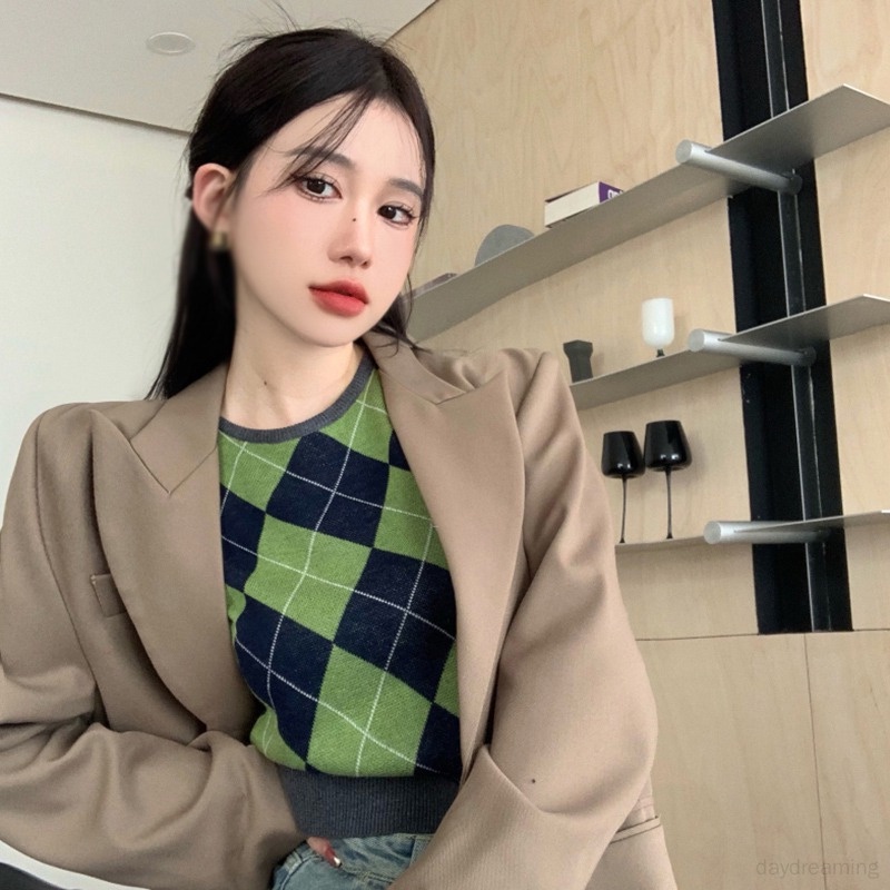 Áo Tank Top Dệt Kim Cổ Tròn Họa Tiết Kẻ Sọc Thiết Kế Đơn Giản Thời Trang Cho Nữ