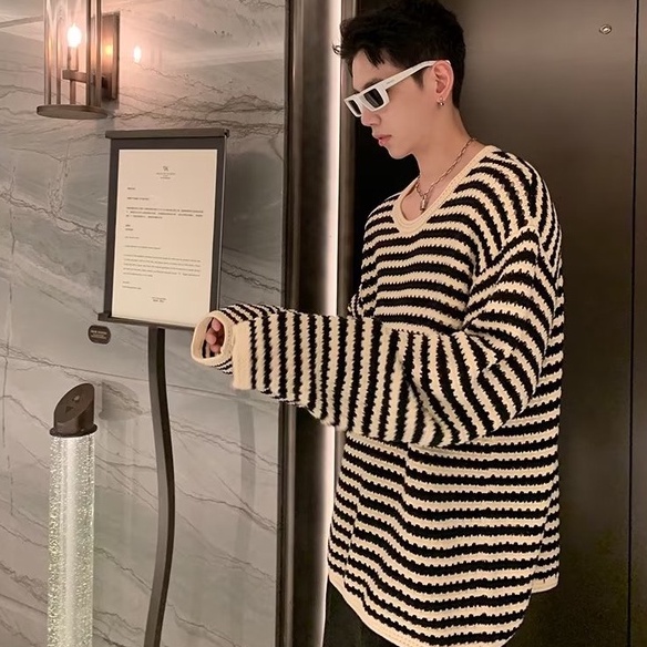 Áo Sweater Dệt Kim Tay Dài Cổ Tròn Họa Tiết Kẻ Sọc Thời Trang Mùa Thu Cho Nam