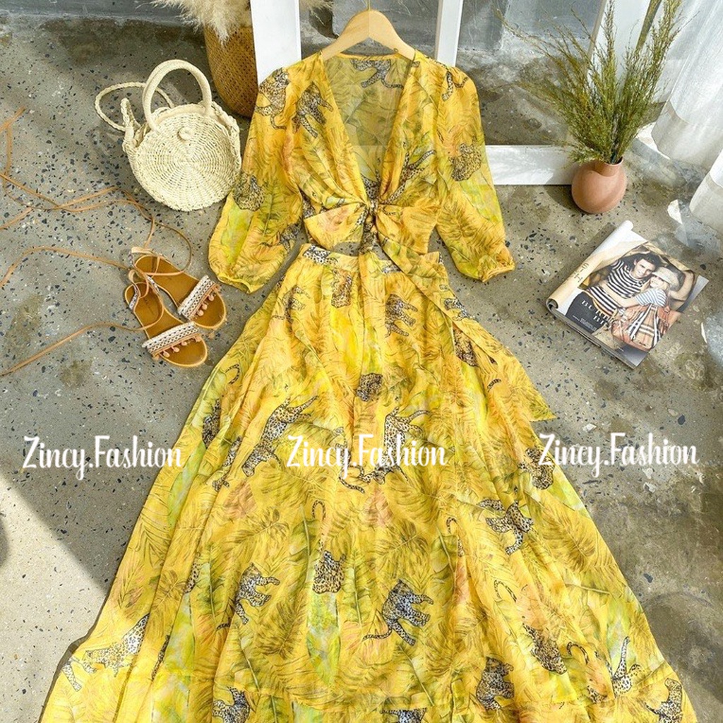 Set đi biển áo tay dài cột eo chân váy maxi xẻ tà màu vàng hoạ tiết nổi bật Váy maxi đầm đi biển Kèm hình thật