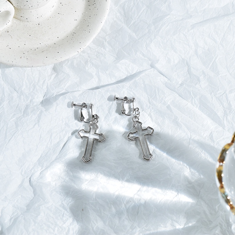 Khuyên tai kẹp không bấm lỗ chốt điều chỉnh K237 bằng hợp kim mạ bạc hình chữ thập dáng midi Leous Accessories