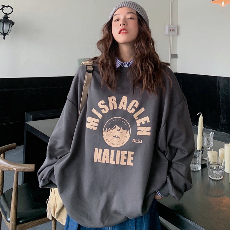 (Hàng Đẹp) Áo Sweater Tay Dài Dáng Rộng In Chữ Phong Cách Hàn Quốc Dễ Thương Cho Nữ (ảnh thật)