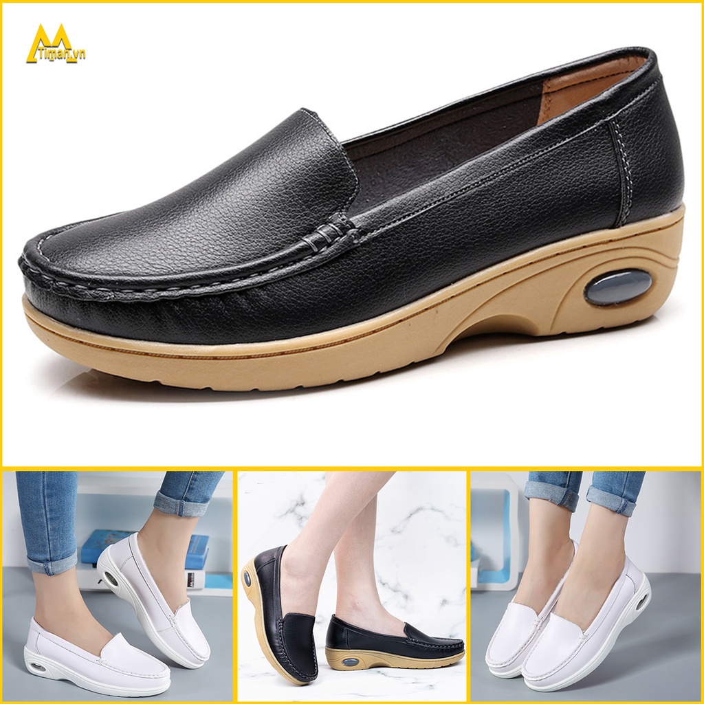 Giày lười nữ chất liệu da vải slip on kiểu mọi đế cao màu trắng độn đế bảo hành 1 năm GD28 TIMAN