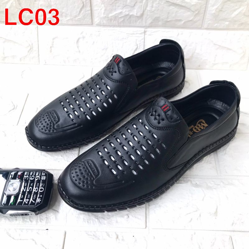 Giày lười nam da bò cao cấp, kiểu dáng đẹp, có lổ tản nhiệt, mã LC03, màu đen, đế khâu sẵn rất chắc chắn