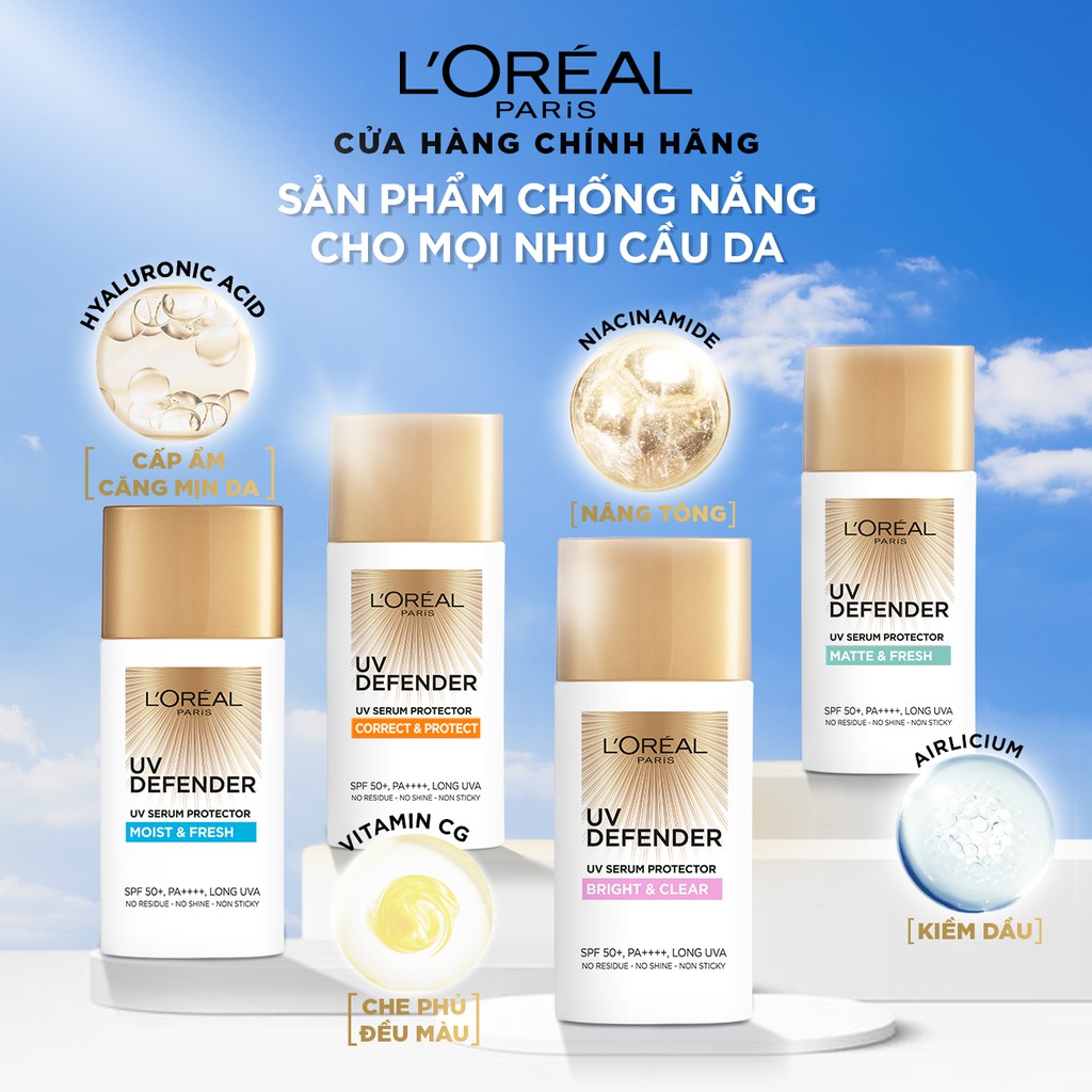 Kem chống nắng L’Oreal Paris UV Defender Serum 50ml​ SPF 50+ :Dưỡng ẩm mịn mượt