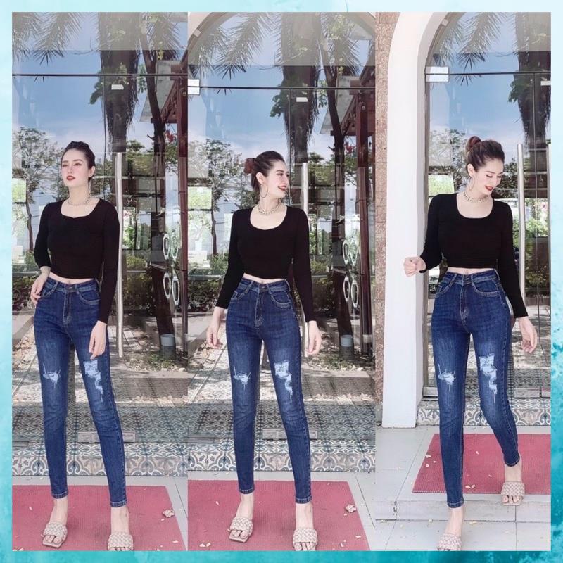 Quần jeans boy, quần bò nữ co giãn, lưng cao túi chéo cạp phối da. Mã A9150