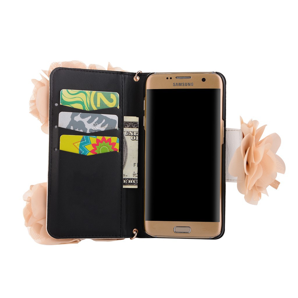 Bao điện thoại Samsung galaxy S6 S7 edge S8 S9 plus dạng ví hoa hồng cầm tay thời trang cho nữ