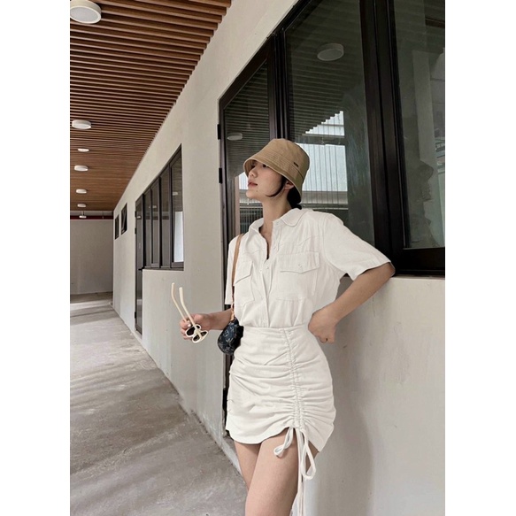 SET ÁO CỔ SƠ MI TÚI NẮP KÈM CHÂN VÁY RÚT DÂY KTGIMI ( Kèm ảnh thật)